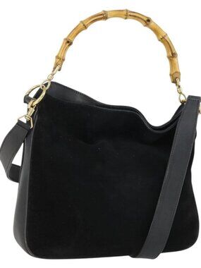 Authentic GUCCI Bamboo Shoulder Bag Suede 2way Black Gold 001 2058 1638 0